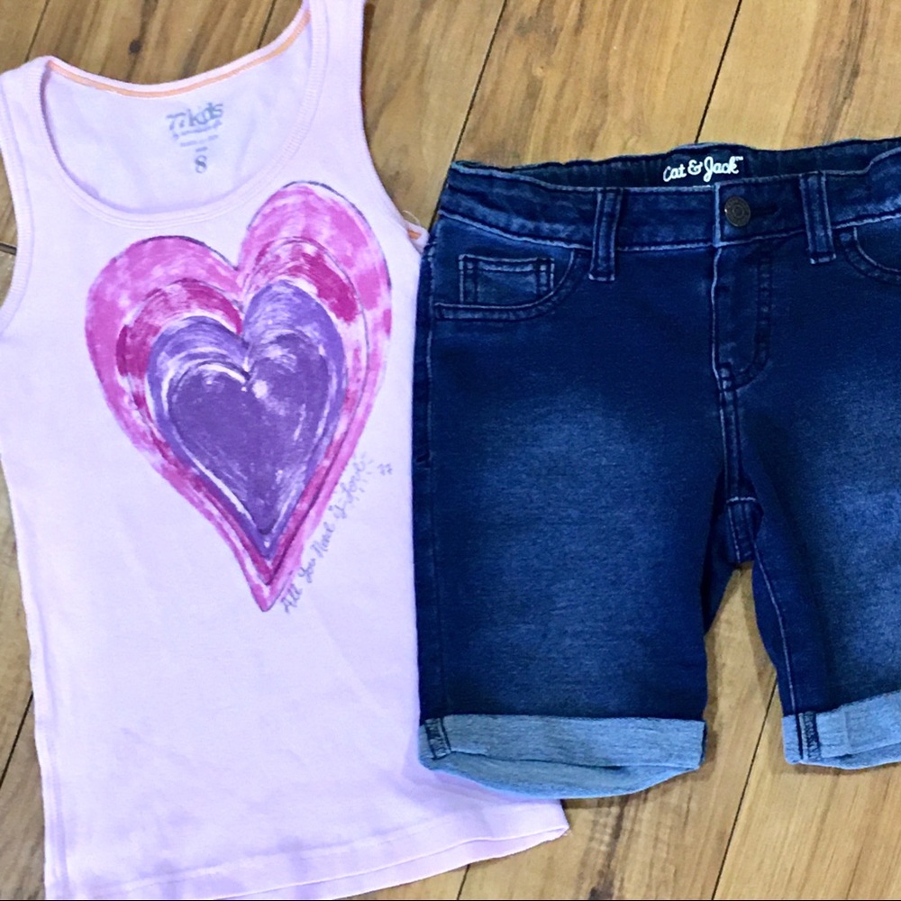 Girl pink outfit long denim shorts shirt tank top pink summer back to sc…